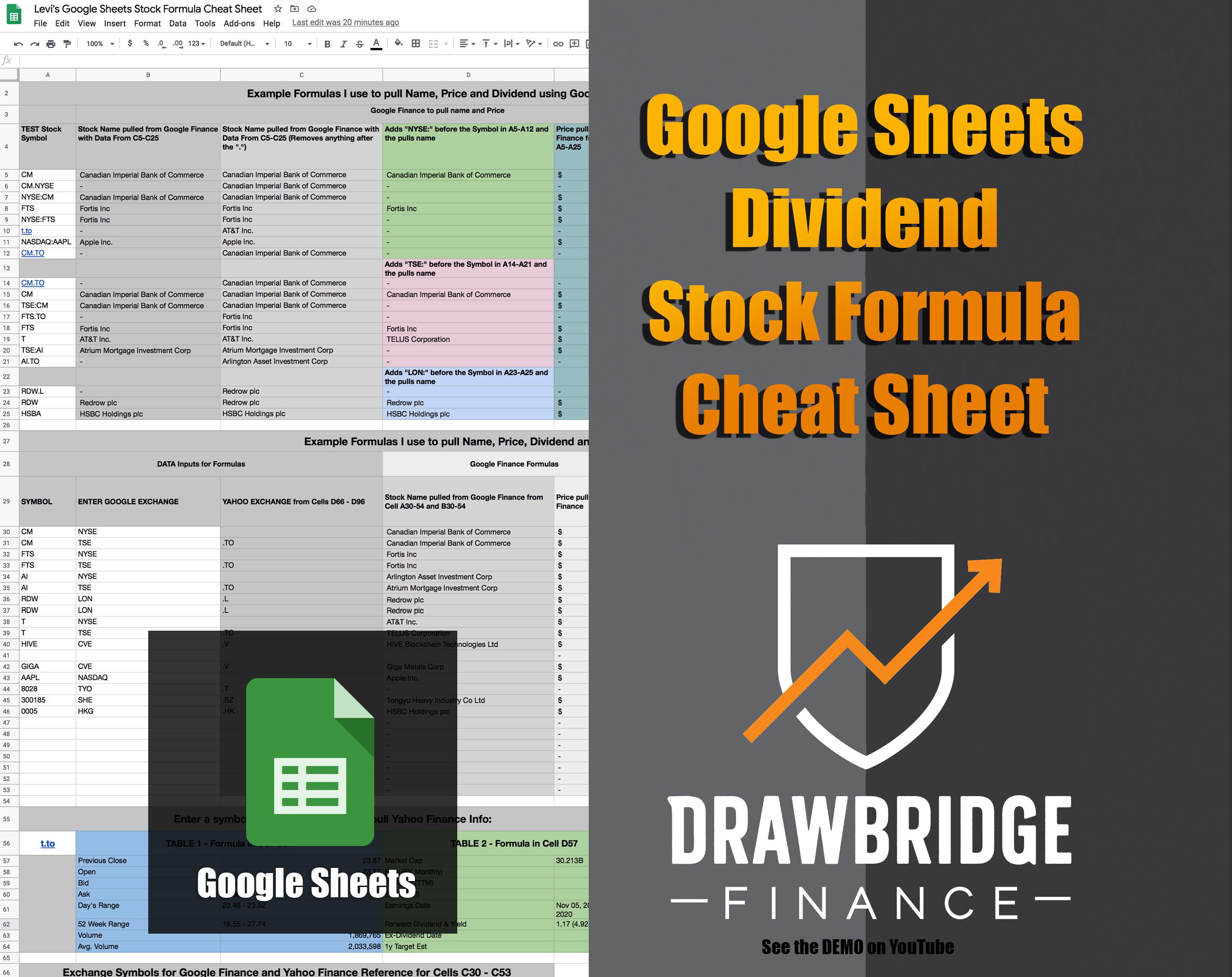 Google Sheets Dividend Stock Formula Spreadsheet (Cheat Sheet)