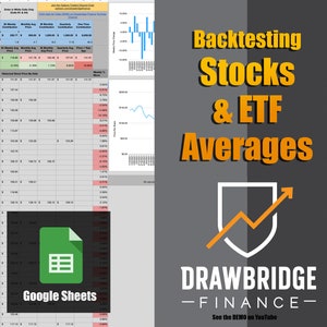 Puede incluir: Una captura de pantalla de una hoja de cálculo de Google Sheets con un gráfico que muestra los promedios de acciones y ETF. La hoja de cálculo se titula "Backtesting Stocks & ETF Averages" y el texto "Drawbridge Finance" se muestra en un escudo blanco con una flecha naranja apuntando hacia arriba. El texto "See the DEMO on YouTube" también se muestra.