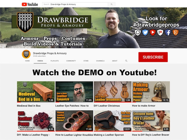 Peut inclure: Une banni&egrave;re de cha&icirc;ne YouTube pour Drawbridge Props & Armoury, mettant en sc&egrave;ne un homme barbu avec un ch&acirc;teau en arri&egrave;re-plan. La description de la cha&icirc;ne est "Armour - Props - Costumes Build Videos & Tutorials". La banni&egrave;re comprend &eacute;galement un appel &agrave; l'action pour "S'abonner" et une liste d'ic&ocirc;nes de m&eacute;dias sociaux.