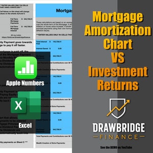 May include: A chart comparing mortgage amortization to investment returns. The chart shows how extra monthly payments can be used to pay off a mortgage faster or invested in a dividend-paying equity. The chart includes a table with calculations for both scenarios. The chart is titled "Mortgage Amortization Chart vs Investment Returns" and includes the logo for Drawbridge Finance.
