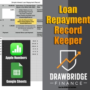Puede incluir: Una hoja de cálculo de registro de pago de préstamo de interés simple con un icono de Apple Numbers verde y blanco y un icono de Google Sheets verde. La hoja de cálculo incluye columnas para la fecha, el pago, el interés desde el último pago y el interés pendiente. La hoja de cálculo se titula "Simple Interest Loan Repayment Record".