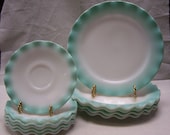 Vintage, 1950s Turquoise Crinoline Pattern 8 7 8 in Plate, or Ripple Pattern Mid Century Mod, Made by Hazel Atlas Turquoise White Ruffle