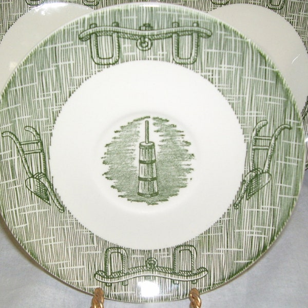 VlNTAGE Royal China Company, Green Transfer Pattern Saucer, w/ Farm Tools around Border, Plow and Ox Yoke Ca 1950's - 1960's