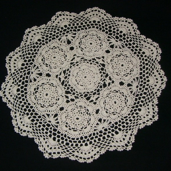 WHITE 12 in CROCHETED DOlLY - Hand Made in a "Scalloped Flower" pattern