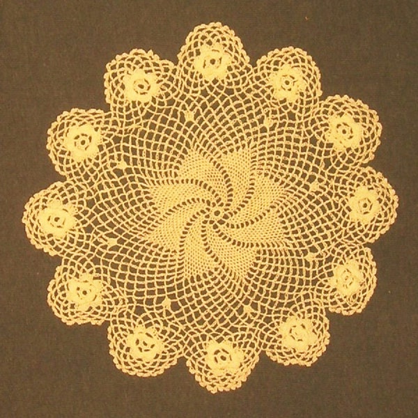 IRISH ROSE 6 inch ECRU DOlLY - Fine Crocheted Doily, w/ small Crocheted Flowers on Petals around Rim, and crocheted Pinwheel Center
