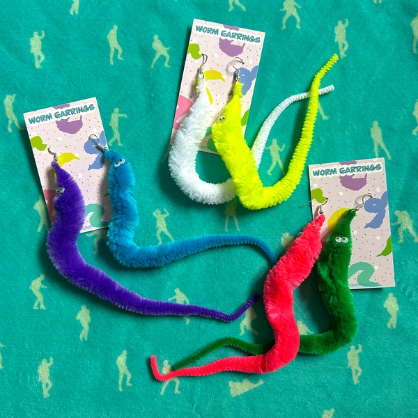 WORM ON A STRING earrings~mix and match colors worm earrings, 90s nostalgia, kidcore, kawaii