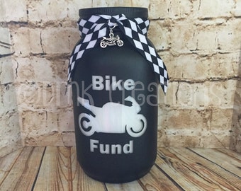 Bike Fund Painted Mason Jar Bank, motorcycle fund, bike fund, bank, piggy bank, painted mason jar, mason jar bank, motorcycle bank, bike