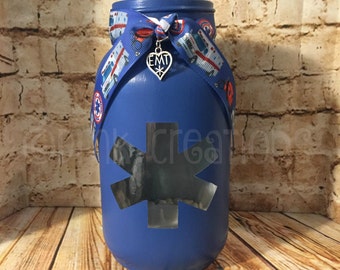 EMT Painted Mason Jar Tea Light Candle Holder,  painted mason jar, tea light candle, EMT, EMS, medical, fire department, paramedic