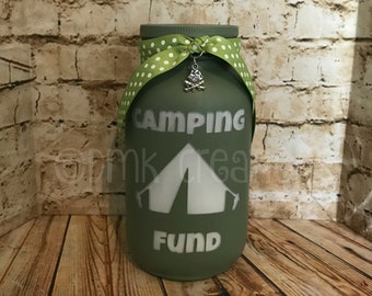 Camping Fund Painted Mason Jar Bank, camping, camping fund, bank, piggy bank, painted mason jar, mason jar, gift, mason jar bank, fund bank