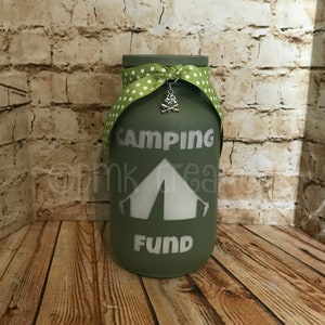 Camping Fund Painted Mason Jar Bank, camping, camping fund, bank, piggy bank, painted mason jar, mason jar, gift, mason jar bank, fund bank
