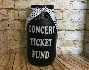 Concert Ticket Fund Painted Mason Jar,  Bank, concert fund, concert ticket fund, bank, piggy bank, mason jar, mason jar bank