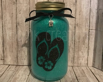 Flip Flops Glitter Mason Jar  Light, mason jar, flip flops, night light, hostess gift, glitter, beach, glitter mason jar, glitter light jar