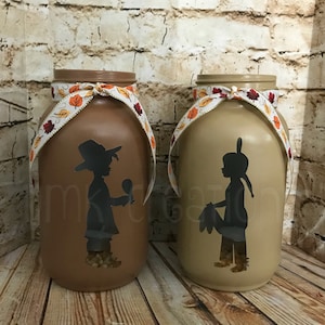 Thanksgiving Painted Mason Jar Tea Light Candle Holder set, mason jar, tea light candle holder, Thanksgiving, pilgrim, Indian, hostess gift