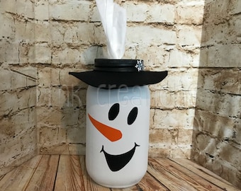 Mason Jar Snowman Tissue Holder, painted mason jar, tissue holder, mason jar, house warming gift, snowman, Christmas decoration, tissues