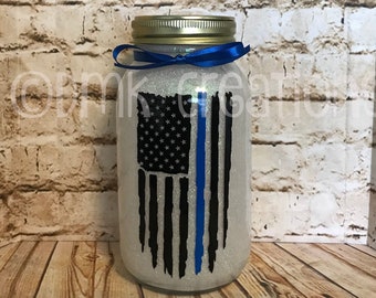 Thin Blue Line Flag Glitter Light Mason Jar, mason jar, lighted mason jar, police, glitter mason jar, thin blue line flag, back the blue