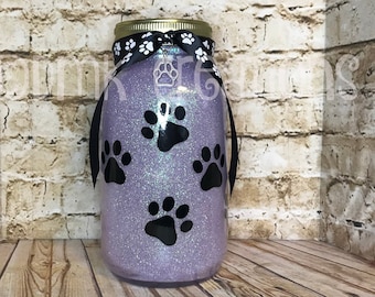 Paw Print Glitter Mason Jar Light, paw print mason jar, lighted mason jar, lights, gift, dog rescue, dog paw, cat paw, light, cat rescue