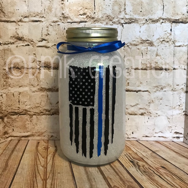 Thin Blue Line Flag Glitter Light Mason Jar, mason jar, lighted mason jar, police, glitter mason jar, thin blue line flag, back the blue