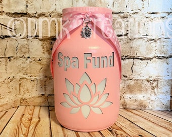 Mason Jar Spa Fund, fund jar, piggy bank, painted mason jar, mason jar, money jar, mason jar bank, self care, gift for her, Mother's day