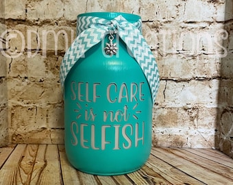 Self Care Painted Mason Jar Bank, bank, piggy bank, painted mason jar, mason jar, money jar, mason jar bank, self care, birthday  gift