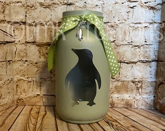 Penguin Painted Mason Jar Tea Light Candle Holder, penguin, painted mason jar, mason jar, tea light candle holder, mason jar decor, candle