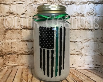 Thin Green Line Flag Glitter Light Mason Jar, mason jar, glitter mason jar, thin green line flag, Military, Border Patrol, Conservation