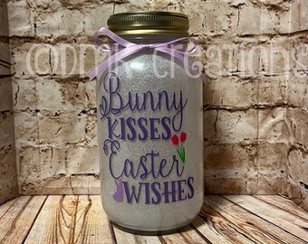 Easter Glitter Mason Jar Light, Easter, mason Jar, glitter mason jar, Easter, mason jar light, bunny kisses Easter wishes, Easter decor