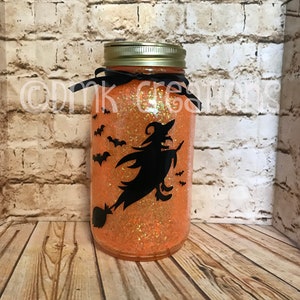 Witch Lighted Glitter Mason Jar, witch, bats, mason jar, lighted mason jar, Halloween, night light, glitter mason jar, Halloween decoration