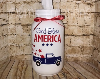 Patriotic Mason Jar Tissue Holder, painted mason jar, tissue holder, mason jar, Patriotic decor, 4th of July decor, God Bless America