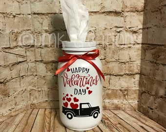 Valentine's Day Mason Jar Tissue Holder, painted mason jar, tissue holder, mason jar, Valentines  decor, Valentines hearts, hostess gift