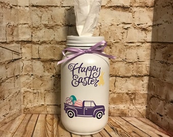 Easter Mason Jar Tissue Holder, painted mason jar, tissue holder, mason jar, Easter decoration, Easter eggs, hostess gift, Easter truck