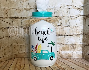 Beach Theme Mason Jar Tissue Holder, painted mason jar, tissue holder, mason jar, beach theme, beach life, beach, hostess gift, summer