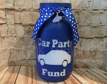 Car Parts Fund Painted Mason Jar Bank, car parts fund, car fund bank, bank, piggy bank, painted mason jar, mason jar bank, car parts bank