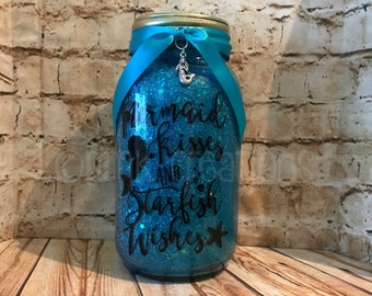 Mermaid Glittered Mason Jar Light, mason jar, glitter mason jar, night light, lantern, light, mermaid kisses and starfish wishes, mermaid