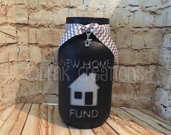 New Home Fund Painted Mason Jar Bank, new home fund, new home, bank, piggy bank, painted mason jar, mason jar, gift, engagement gift, fund