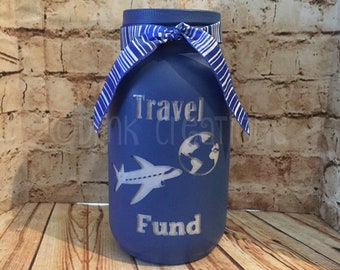 Travel Fund Painted Mason Jar Bank, travel fund, travel, bank, piggy bank, painted mason jar, mason jar, hostess gift, fund jar, travel bank