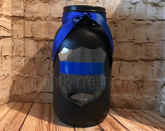 Thin Blue Line Painted Mason Jar Tea Light Candle Holder, police, cop, painted mason jar, thin blue line, candle holder, police badge