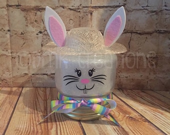 Easter Bunny Lighted Mason Jar, mason jar, Easter Bunny, Easter bonnet, glitter mason jar, Easter decoration, bunny, Easter, hostess gift