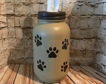 Mason Jar Tissue Holder, painted mason jar, tissue holder, mason jar, house warming gift, paw print, tissues, dog, cat, hostess gift