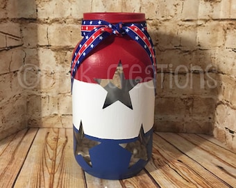 Patriotic Painted Mason Jar Tea Light Candle Holder, painted mason jar, mason jar, tea light candle holder, Patriotic mason jar, Patriotic