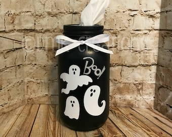 Ghost Mason Jar Tissue Holder, painted mason jar, tissue holder, mason jar, ghost, Halloween decor, hostess gift, Halloween , bathroom decor