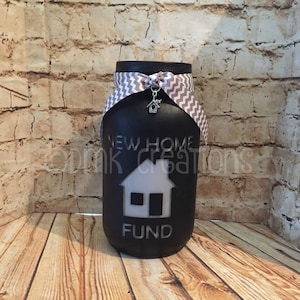 New Home Fund Painted Mason Jar Bank, new home fund, new home, bank, piggy bank, painted mason jar, mason jar, gift, engagement gift, fund