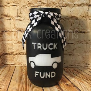 Truck Fund Painted Mason Jar Bank, truck fund, truck fund bank, bank, piggy bank, painted mason jar, mason jar bank, truck bank, truck, gift