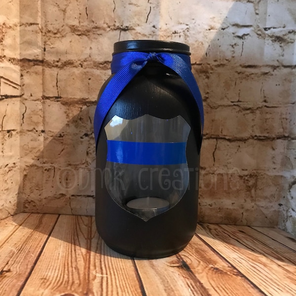 Thin Blue Line Painted Mason Jar Tea Light Candle Holder, police, cop, painted mason jar, thin blue line, candle holder, police badge