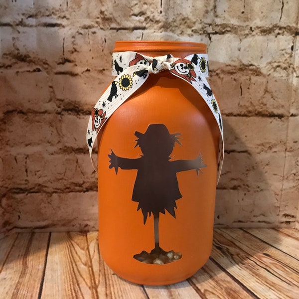 Scarecrow Painted Mason Jar Tea Light Candle Holder, painted mason jar, mason jar, tea light candle holder, fall decor, autumn, scarecrow