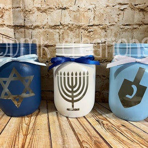 Set Of Hanukkah Painted Mason Jar Tea Light Candle Holders, Hanukkah decorations, painted mason jar, star of David, dreidel, menorah.