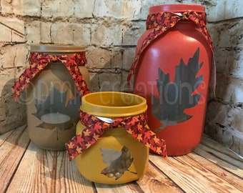 Set Of Fall Leaves Painted Mason Jar Tea Light Candle Holders, painted mason jar, mason jar, tea light candle holder, Fall decor,