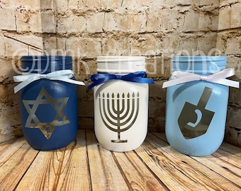 Set Of Hanukkah Painted Mason Jar Tea Light Candle Holders, Hanukkah decorations, painted mason jar, star of David, dreidel, menorah.
