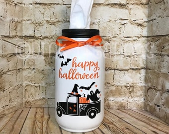 Halloween Mason Jar Tissue Holder, painted mason jar, tissue holder, mason jar, Halloween decor, ghost, hostess gift, Halloween, tissues