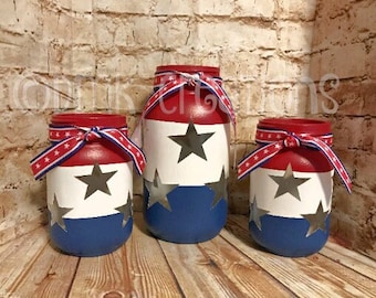 Patriotic  Painted Mason Jar Tea Light Candle Holders, painted mason jar, mason jar, tea light candle,  Patriotic mason jar, July 4th
