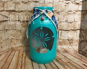 Sand Dollar Painted Mason Jar Tea Light Candle Holder, sand dollar, ocean, painted mason jar, mason jar, tea light candle holder, beach